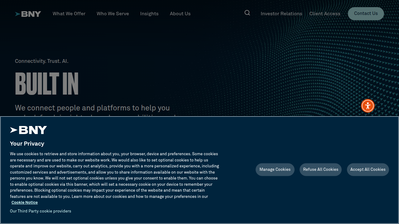 Screenshot of the BNY Mellon homepage, a global financial services firm regulated in financial hubs like DIFC.