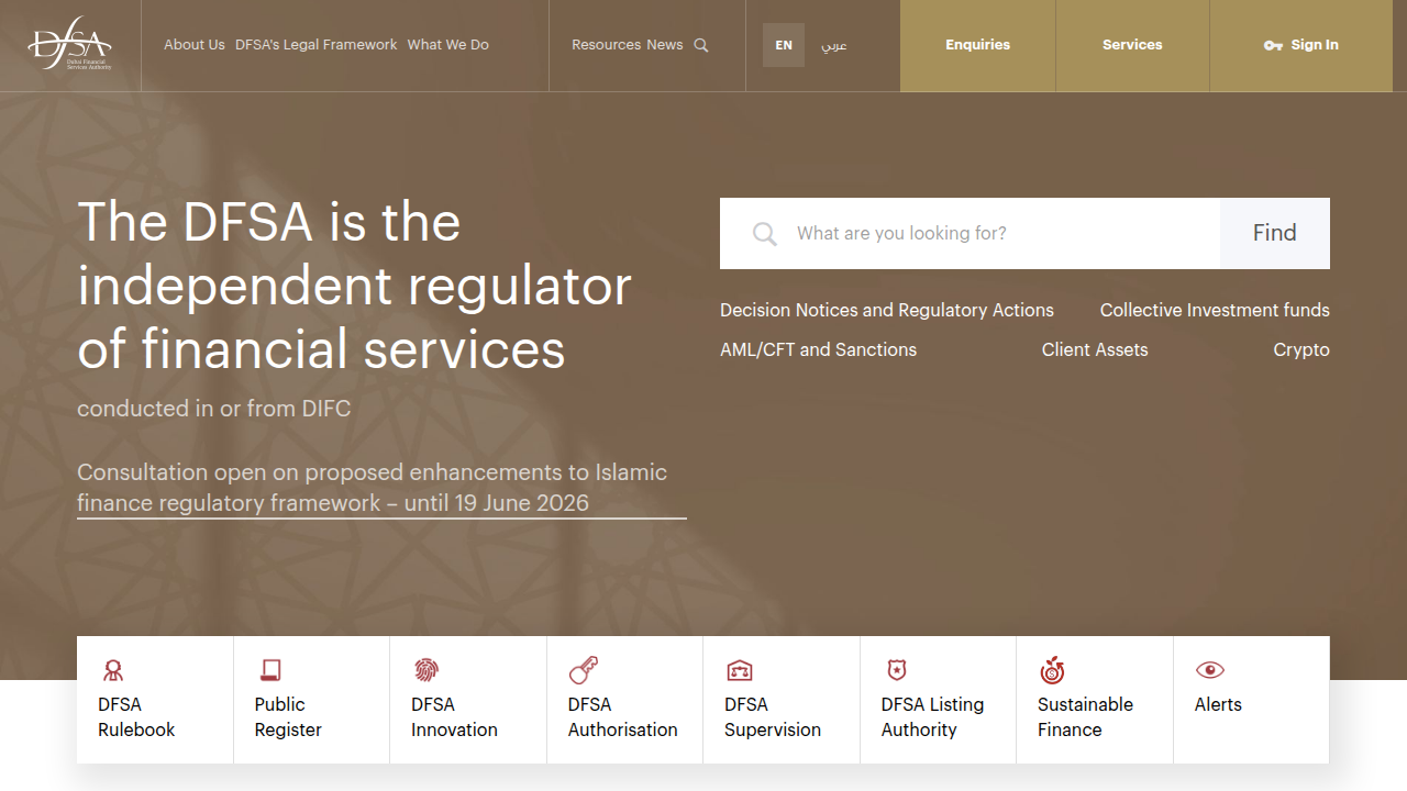 Verify the regulatory status of financial firms in Dubai through the official DFSA website.