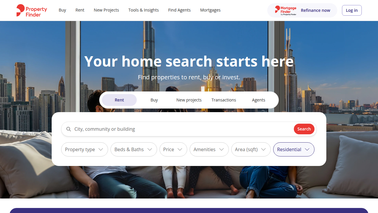 The homepage of Propertyfinder.ae, a leading platform for real estate listings in Dubai.