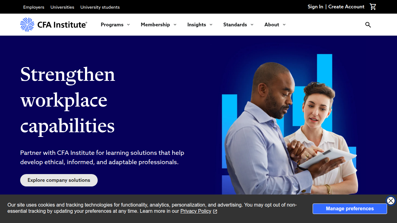 A screenshot of the CFA Institute homepage, a global authority in finance that defines private wealth management principles.