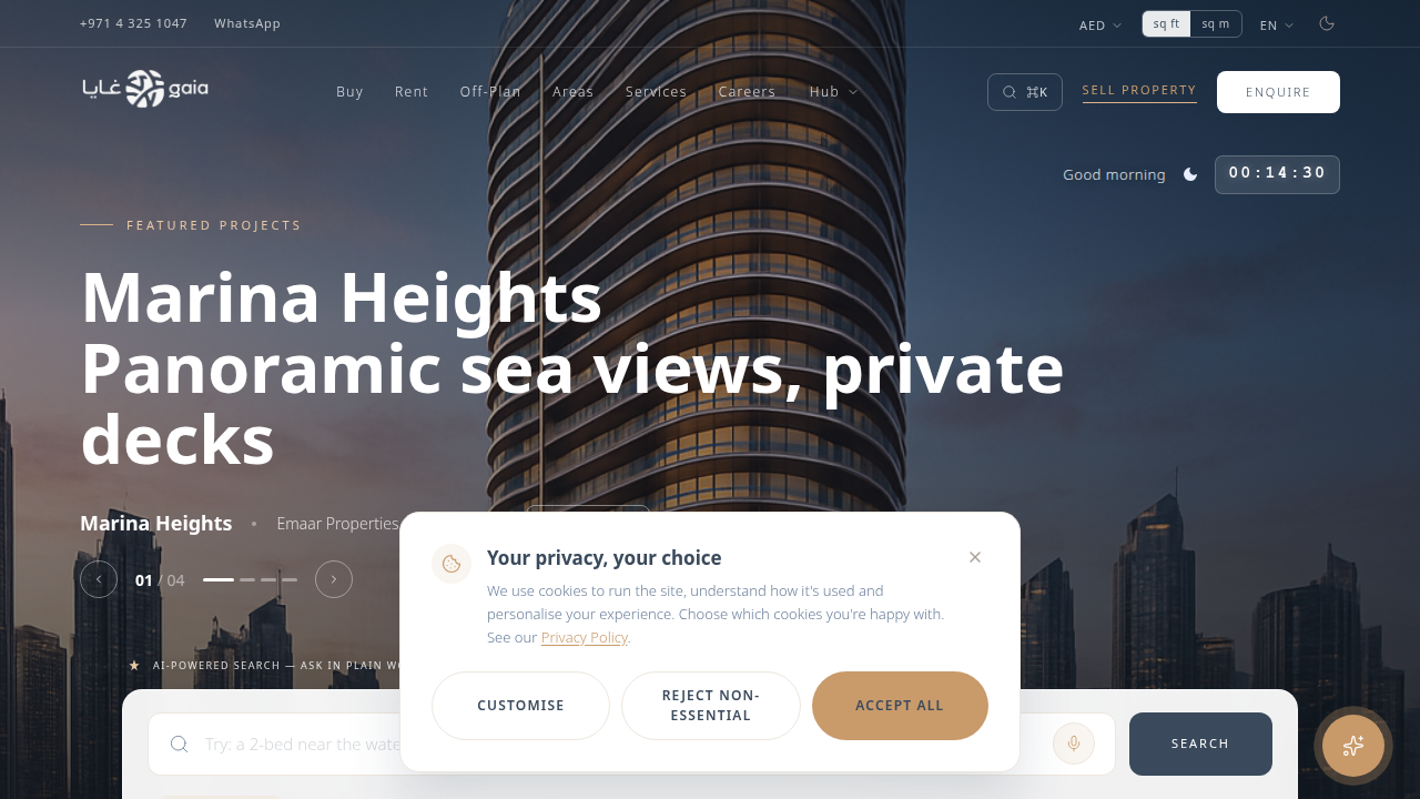 The homepage for Gaia Realty, an agency providing insights into real estate commission structures in Dubai and the UAE.