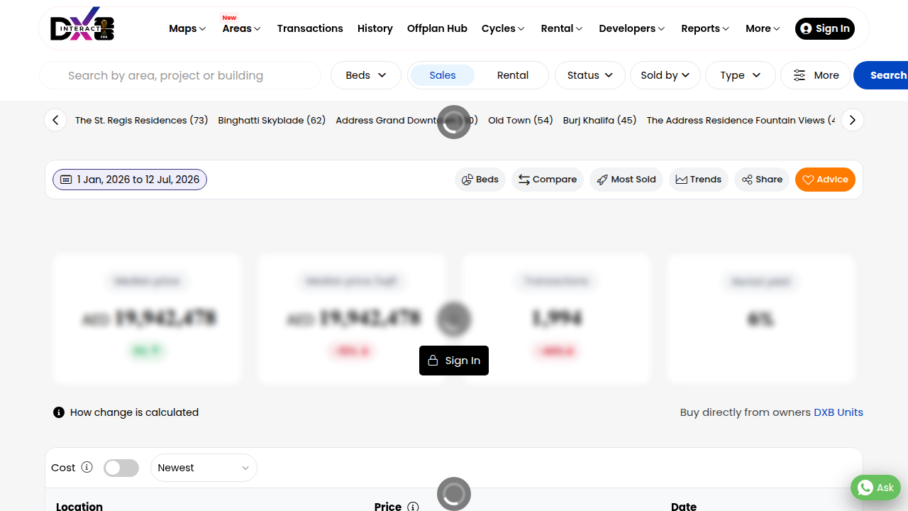 The DXBInteract.com website, providing detailed property prices and transaction histories for Dubai.