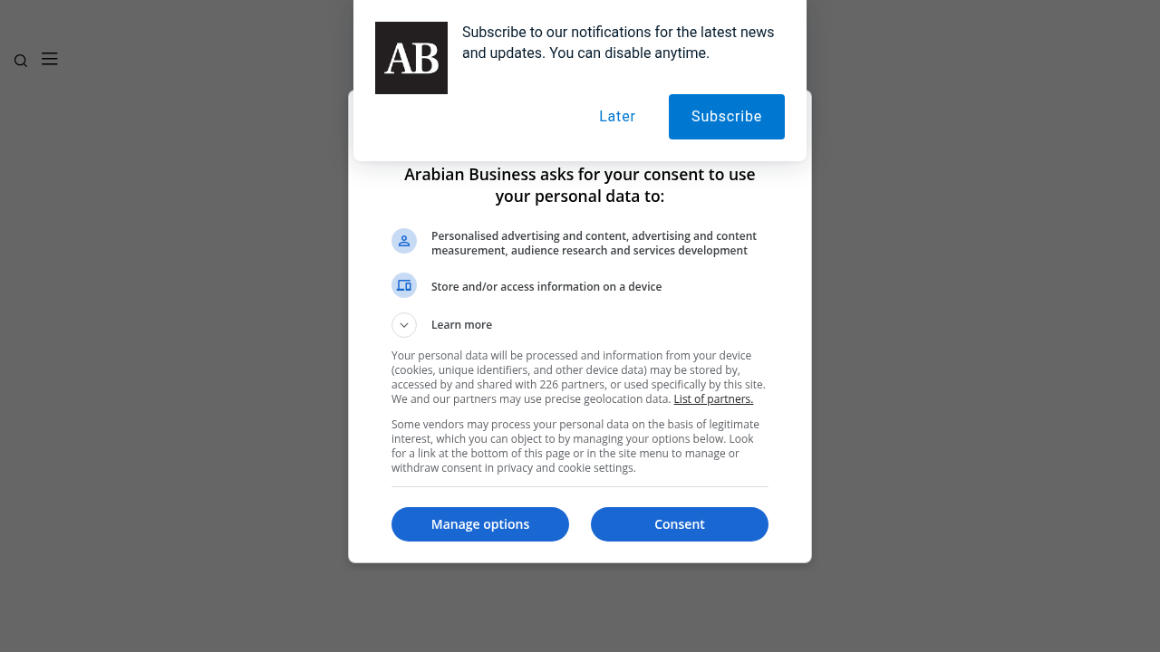 Screenshot of the Arabian Business homepage, a prominent source for regional business news and real estate trends in Dubai.