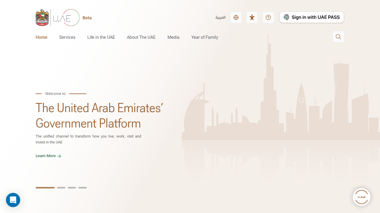 Screenshot of the official UAE government portal (u.ae), providing guidance for expatriates on buying property in the country.