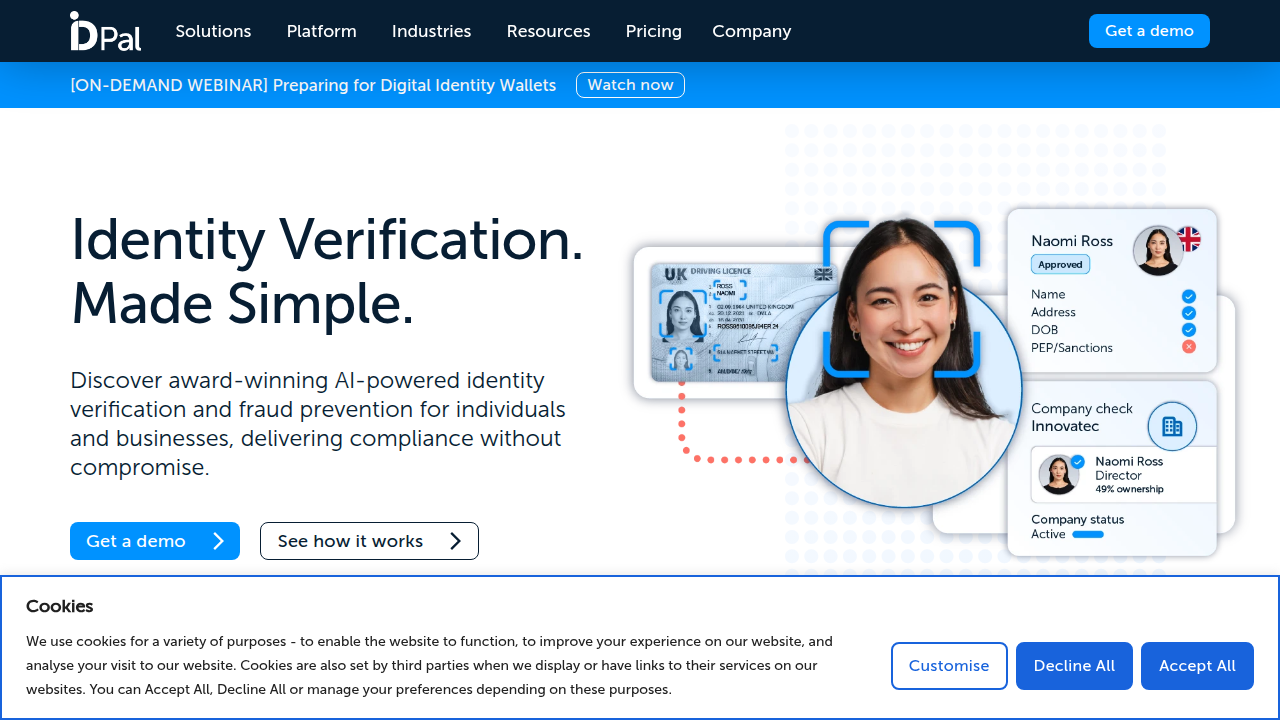 A screenshot of the ID-Pal website, a company specializing in digital identity verification, relevant for investor onboarding processes.